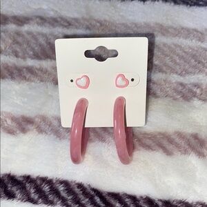 Pink Heart Stud and Hoop Earring Set